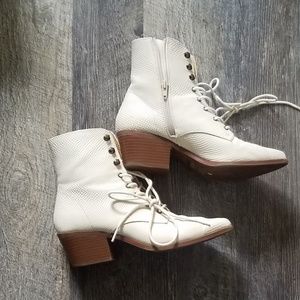 Cream Snake Skin Texture Mid Calf Booties